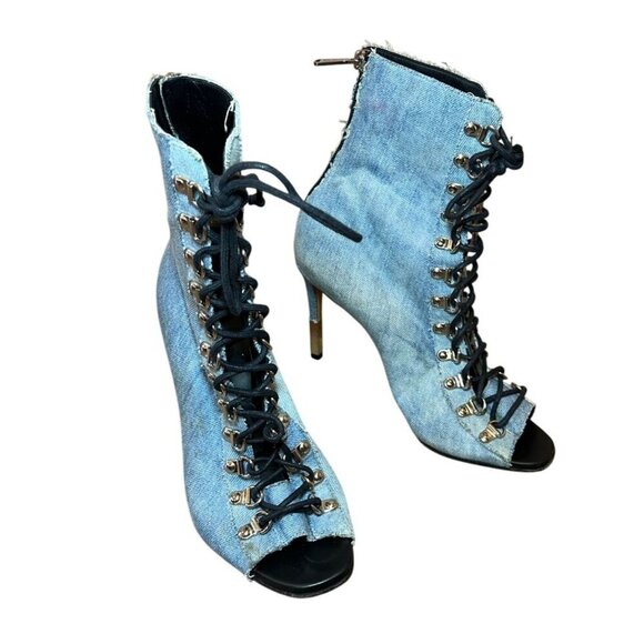 Balmain Light Blue Denim Open-Toe Lace-Up Stiletto Booties Size 10 - Picture 1 of 8